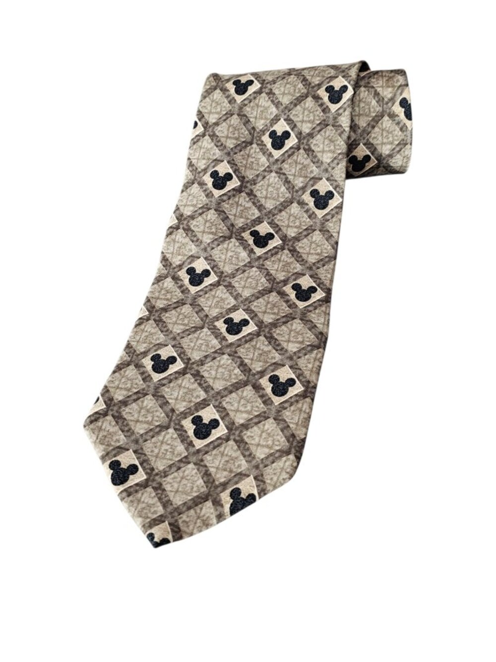 Vintage Disney Mickey Mouse Silk Necktie Gold Tan Diamond Lattice Print Retro